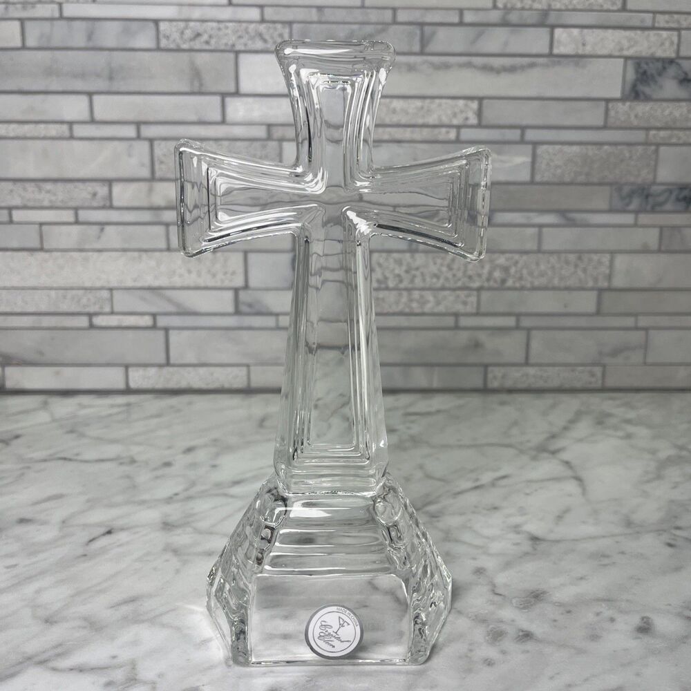 Vintage Clear Crystal Glass Cross Standing Pedestal elegant Sculpture Decor 8.5"